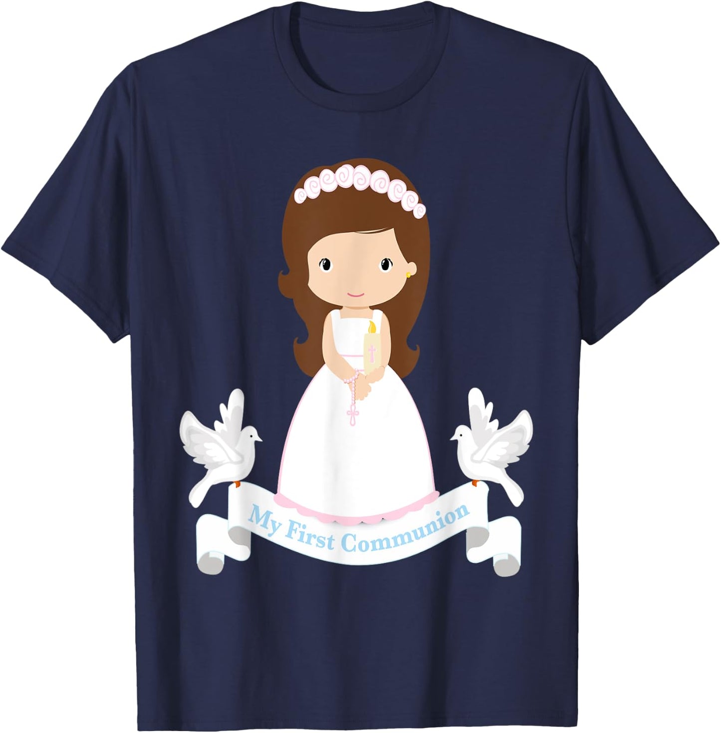 First Communion Shirt Kids Rosary Girls Daughter Brown Hair T-Shirt - T-Shirt | Navy