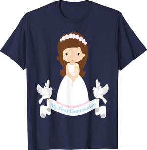 First Communion Shirt Kids Rosary Girls Daughter Brown Hair T-Shirt - T-Shirt | Navy