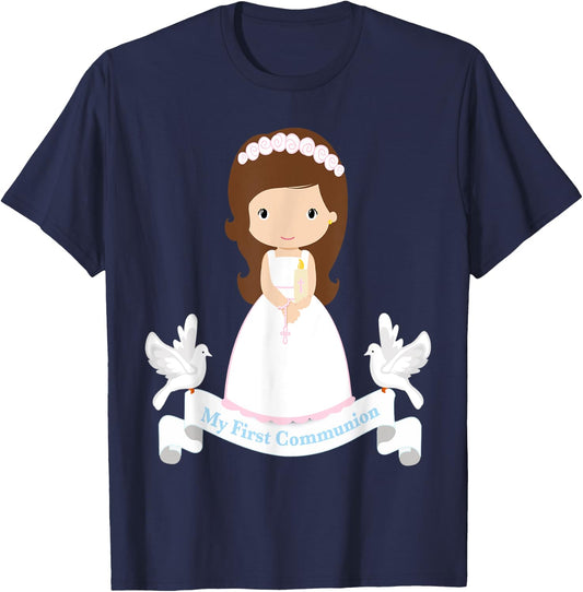 First Communion Shirt Kids Rosary Girls Daughter Brown Hair T-Shirt - T-Shirt | Navy