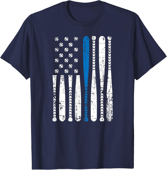 Thin Blue Line LEO USA Flag Police Support Baseball Bat T-Shirt - T-Shirt | Navy