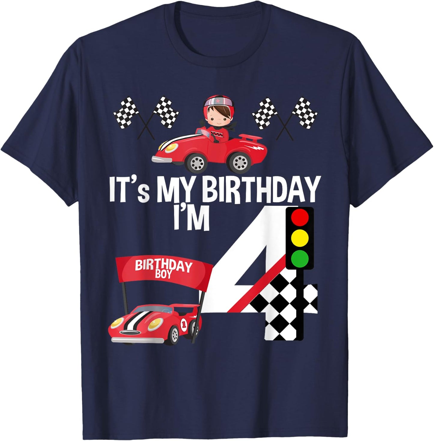 It's My 4th Birthday Race Car Theme Birthday 4 Yrs Old Shirt T-Shirt - T-Shirt | Navy
