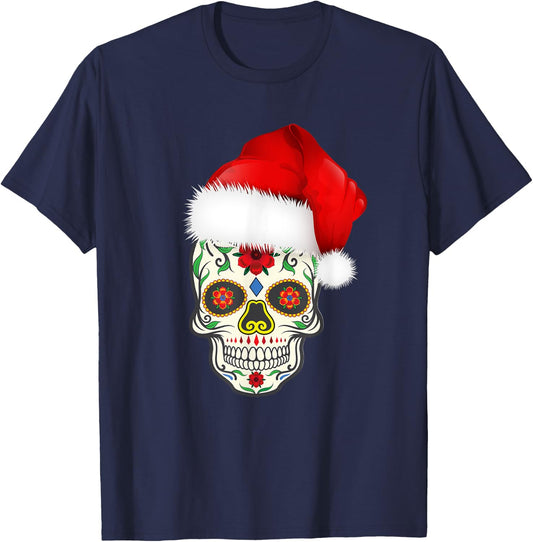 Sugar Skull With Christmas Santa Hat Day of the Dead T-Shirt - T-Shirt | Navy
