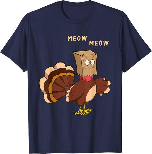 Thanksgiving Cat Funny Fake Cat Meow Thanksgiving Turkey Men Women Girls Kids T-Shirt - T-Shirt | Navy