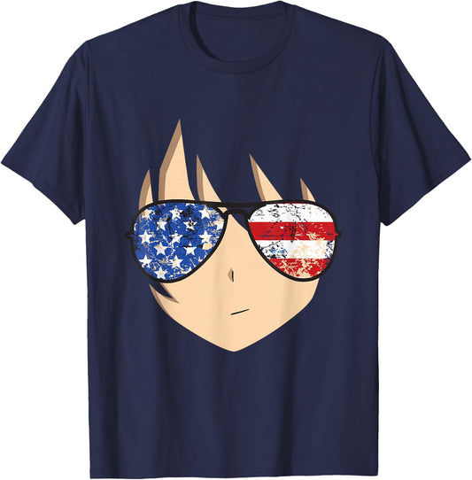 American Anime Face Shirt USA Sunglasses 4th of July T-Shirt - T-Shirt | Navy