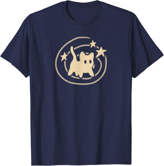 90s Y2K Scary Tomcat Cat is Scared Under Starry Tail T-Shirt - T-Shirt | Navy