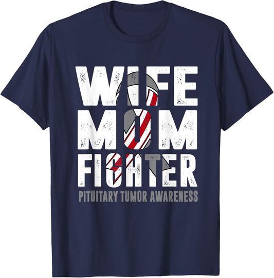 Wife Mom Fighter Pituitary Tumor Awareness T-Shirt - T-Shirt | Navy