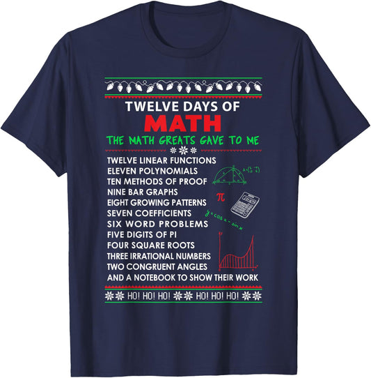 Math Teacher Christmas Shirt - 12 Days of Math Men Women Kids T-Shirt - T-Shirt | Navy