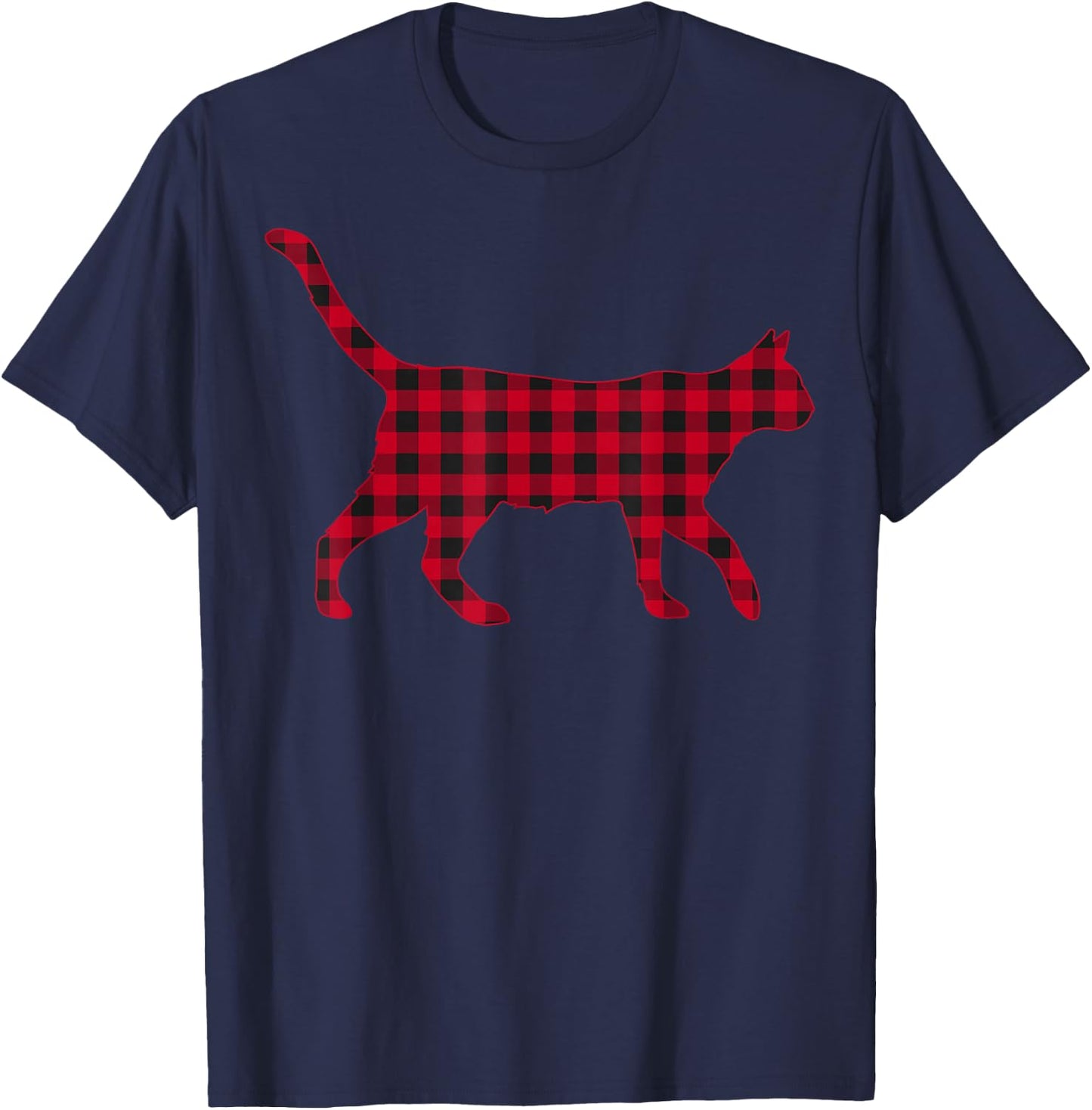 Red Plaid Reindeer Cat Christmas Buffalo Pajama T-Shirt - T-Shirt | Navy