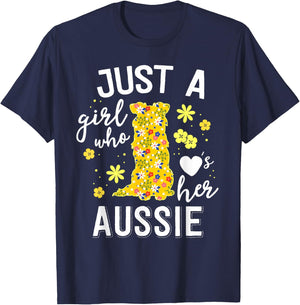 Just A Girl Who Loves Her Aussie Floral Australian Shepherd T-Shirt - T-Shirt | Navy