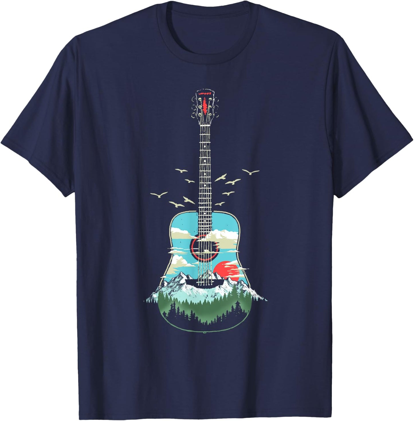 Beautiful Acoustic Guitar Mountains Forest & Nature Graphic T-Shirt - T-Shirt | Navy