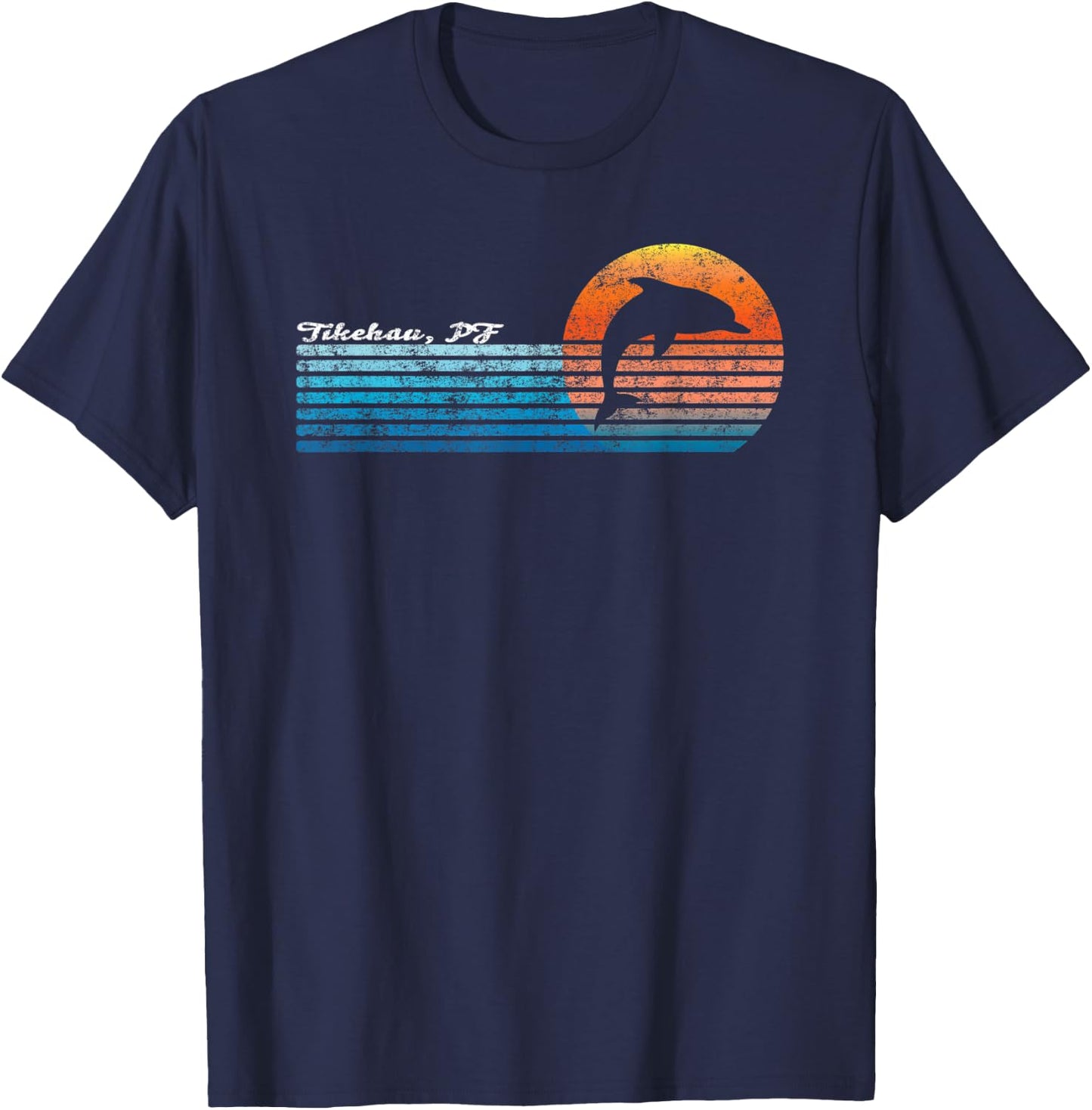 Vintage Tikehau, French Polynesia Retro 80s Dolphin Sunset T-Shirt - T-Shirt | Navy