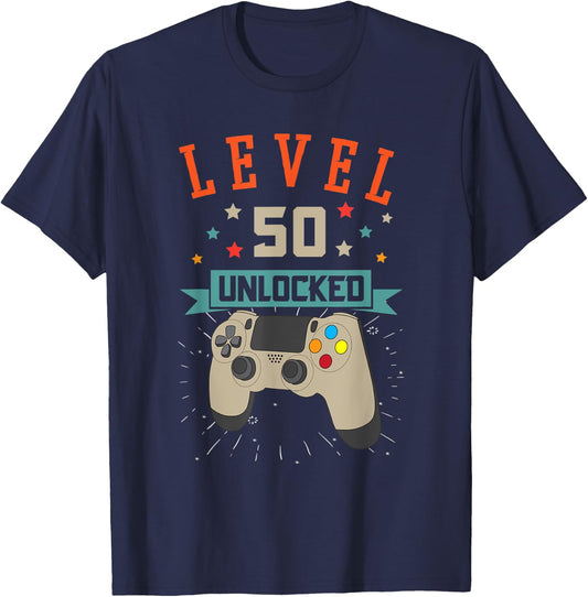 Level 50 Unlocked Gamer 50th Years Old Birthday T-Shirt - T-Shirt | Navy