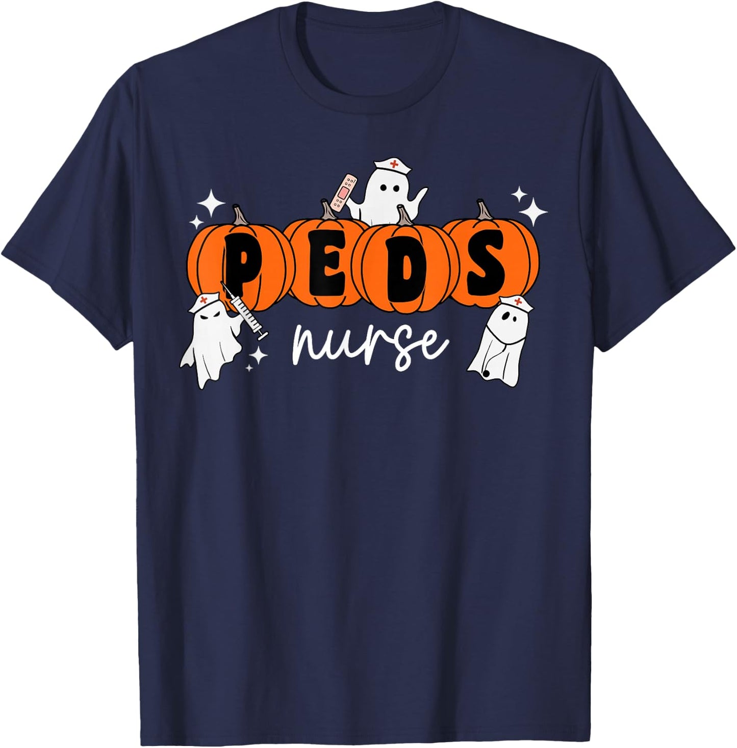 Peds Nurse Crew Ghost Pumpkin Pediatric Nurse Halloween T-Shirt - T-Shirt | Navy
