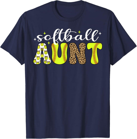Softball Aunt Leopard Coquette Bow Auntie T-Shirt - T-Shirt | Navy