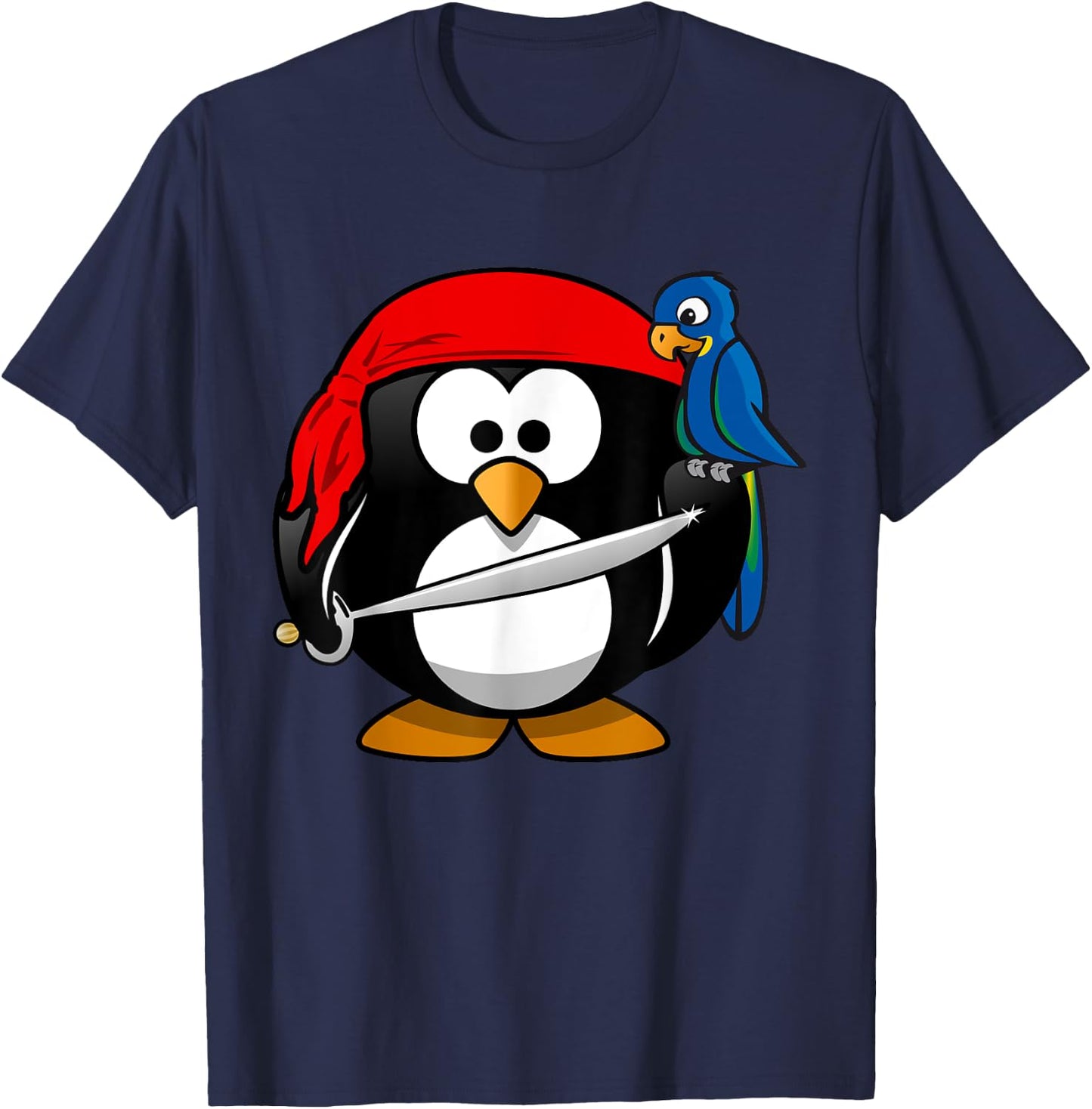 Cute Pirate Cartoon Penguin with Parrot T-Shirt - T-Shirt | Navy