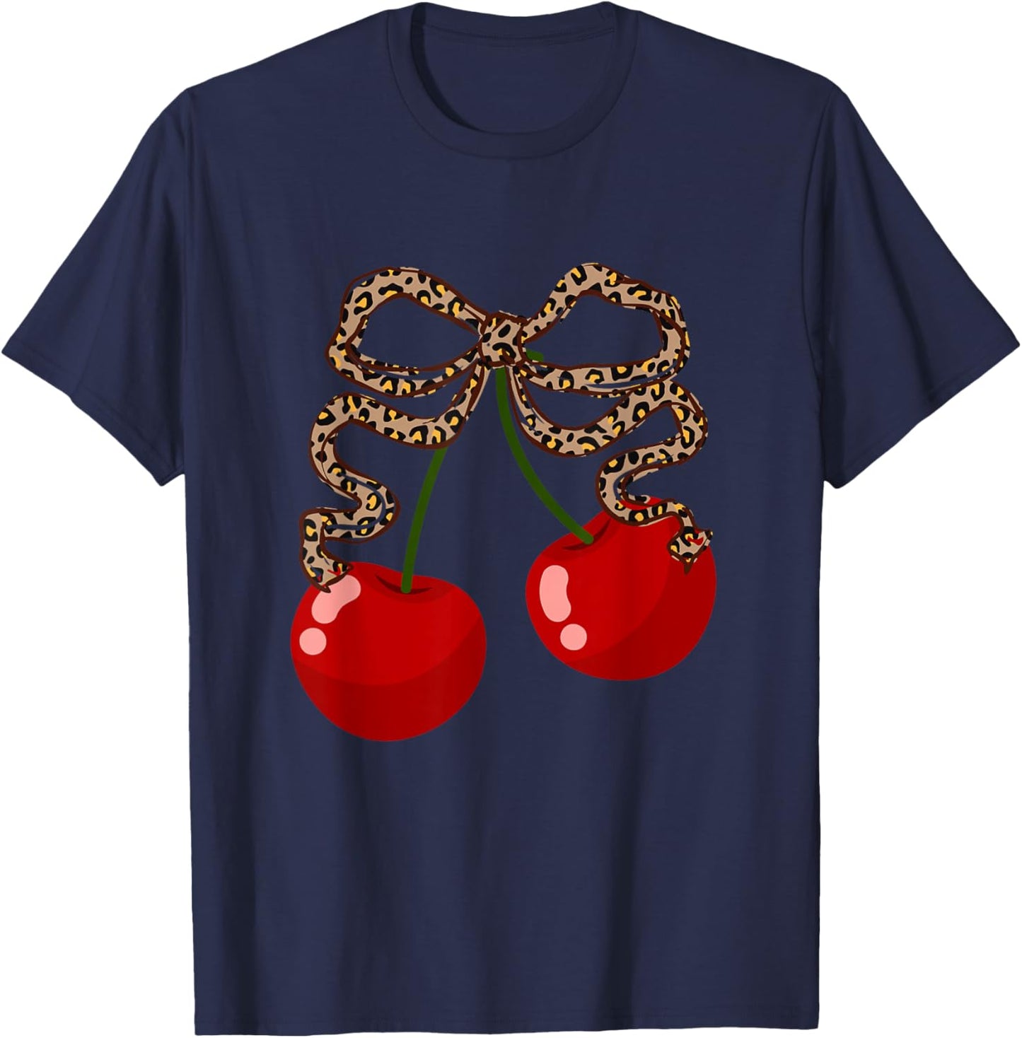 Cherries with Leopard Coquette Bow Girl Aesthetic T-Shirt - T-Shirt | Navy