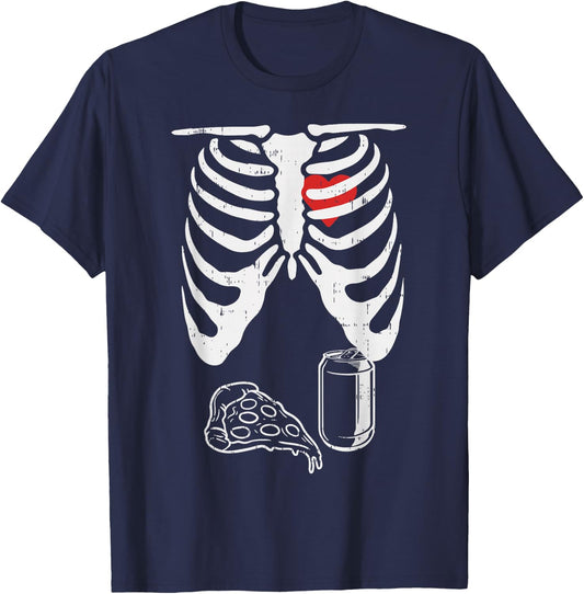 Halloween Pregnancy Skeleton Shirt Dad Husband Pizza Beer T-Shirt - T-Shirt | Navy