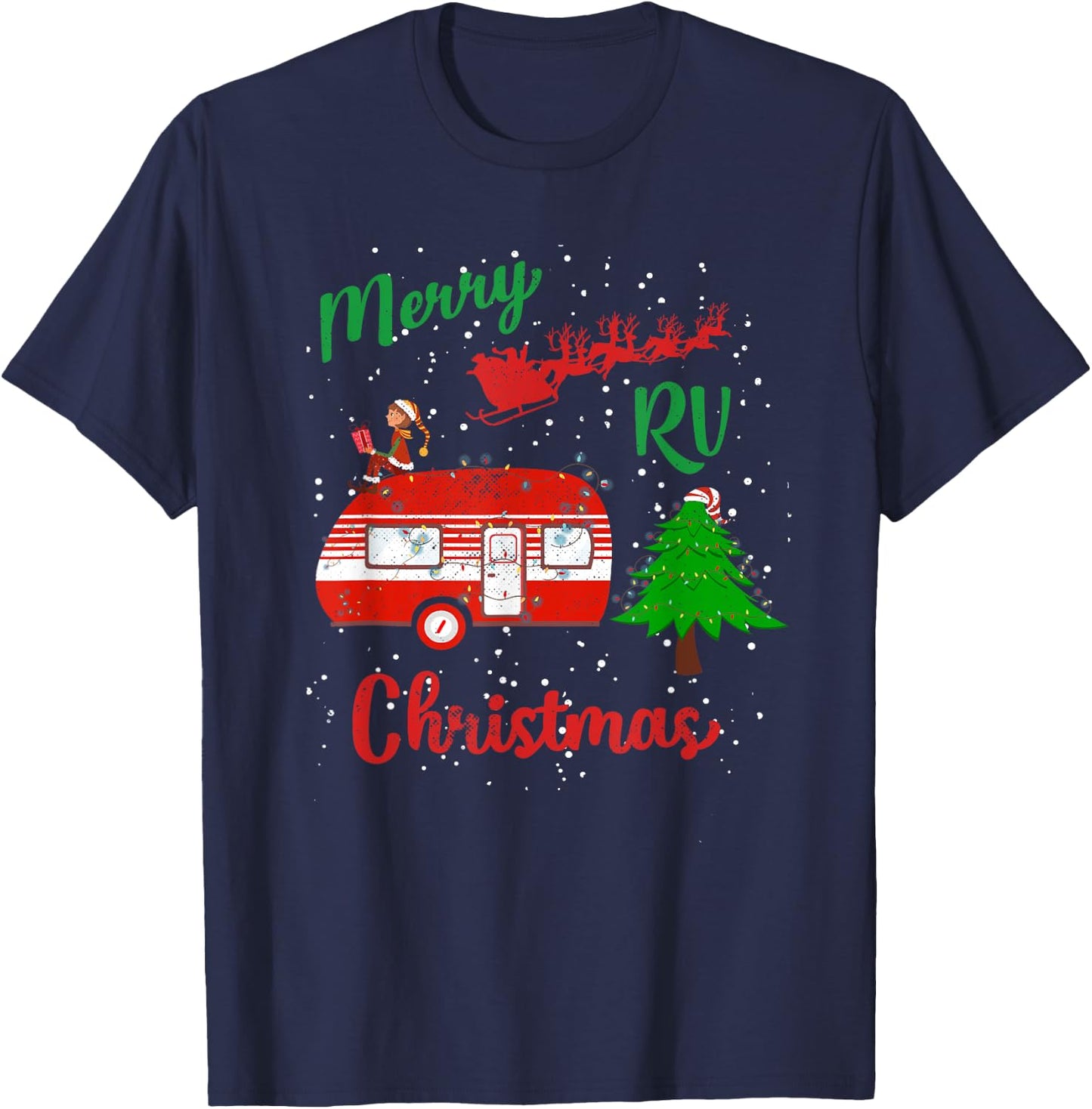 Merry RV Christmas Camping Santa Claus Distressed T-Shirt - T-Shirt | Navy