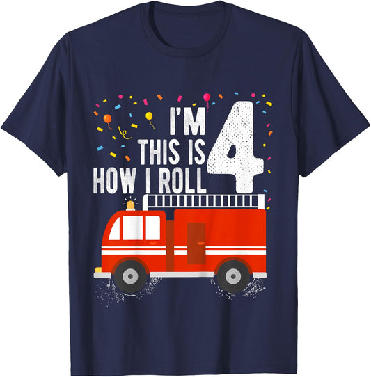 Kids Fire Truck 4th Birthday Boy 4 Year Old Firefighter T-Shirt - T-Shirt | Navy