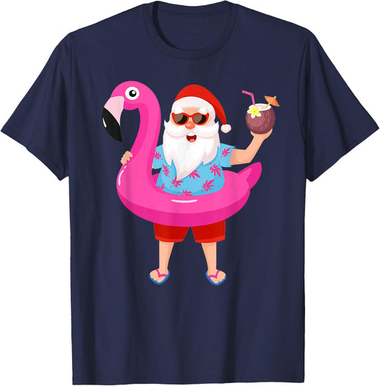 Christmas in July Santa hawaii Sunglasses Flamingo gifts T-Shirt - T-Shirt | Navy