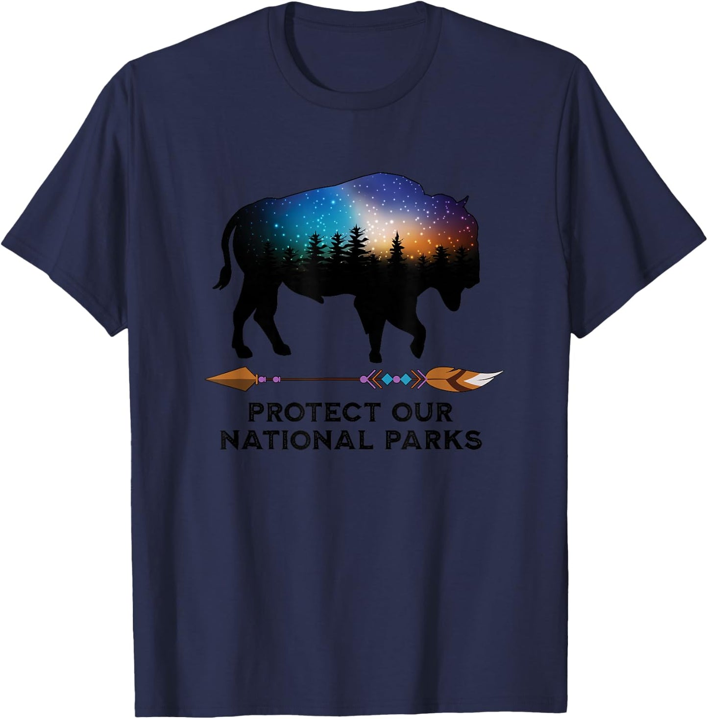 Save Our National Parks Vintage Bison Forest Starscape T-Shirt - T-Shirt | Navy