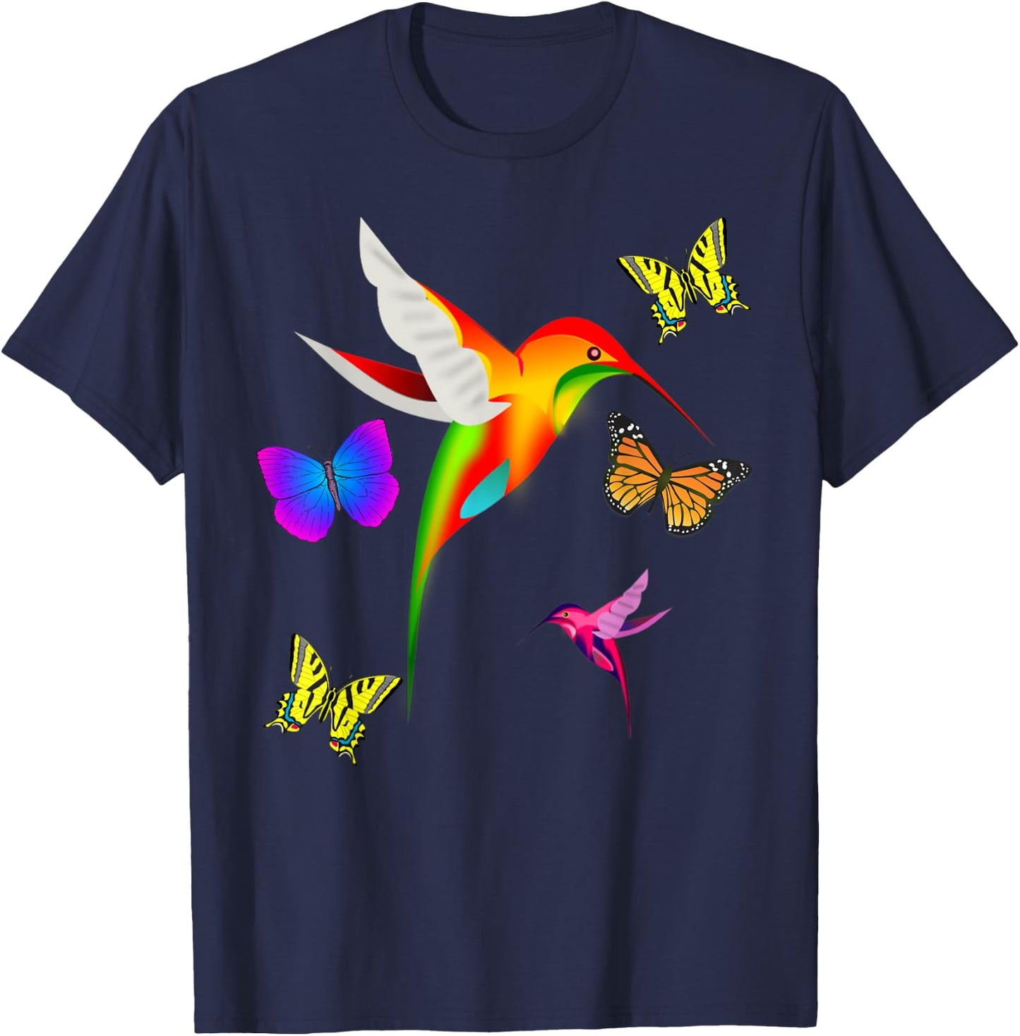 Unique Colorful Hummingbird With Butterflies T-Shirt - T-Shirt | Navy