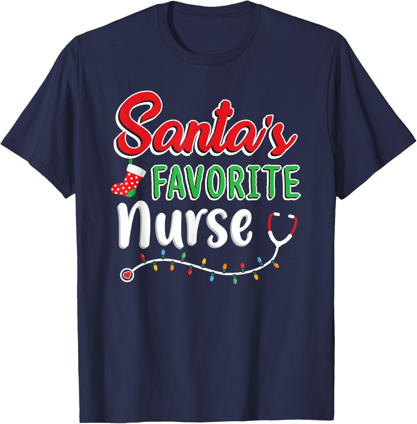 Santa's Favorite Nurse T Shirt Cute Merry Xmas Party Crew T-Shirt - T-Shirt | Navy
