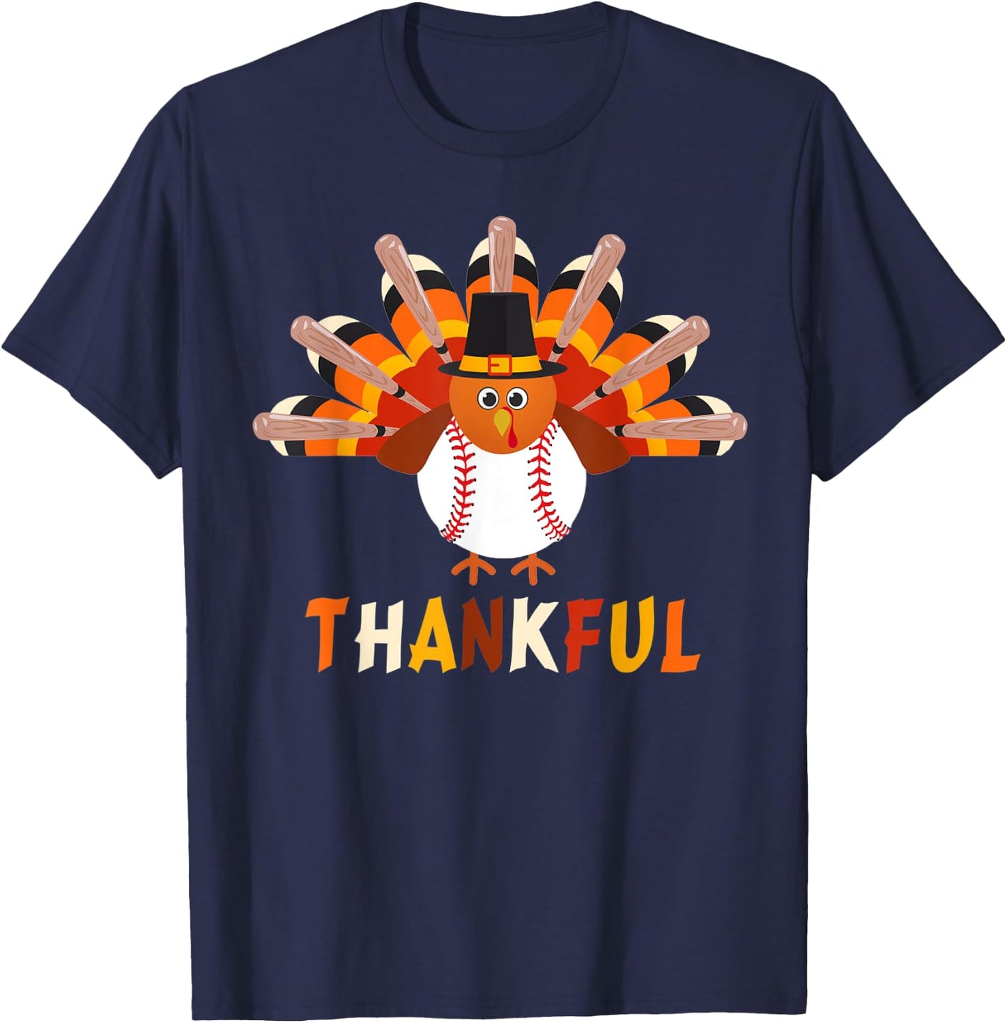 Turkey With Baseball Thankful Thanksgiving Christmas Gift T-Shirt - T-Shirt | Navy