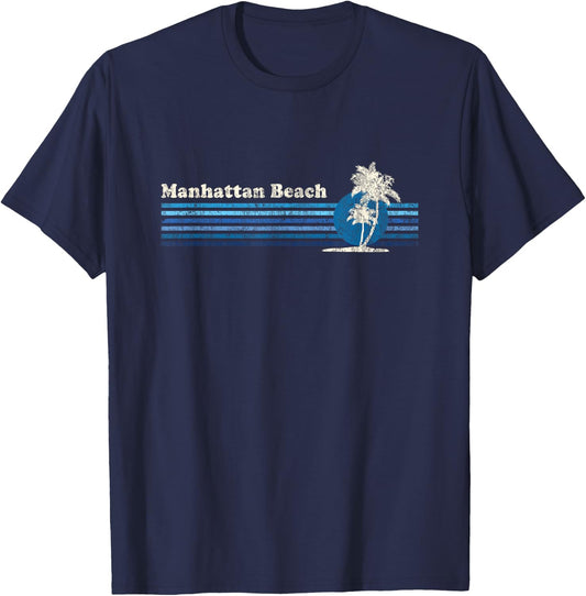 Manhattan Beach CA Vintage 80s Palm Trees Sunset T-Shirt - T-Shirt | Navy