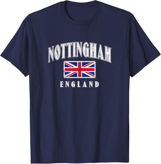 Nottingham England - Men's Black Modern Letter Print Collarless Short Sleeve - Small T-Shirt - T-Shirt | Navy