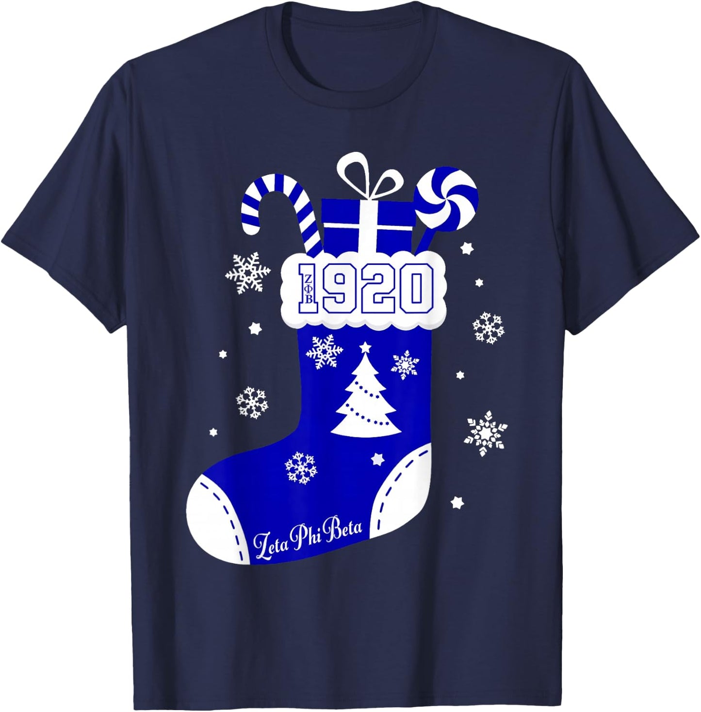 Christmas Sock Candy Cane ZEta Women Girls Apparel Black Casual Modern Holiday T-Shirt - T-Shirt | Navy
