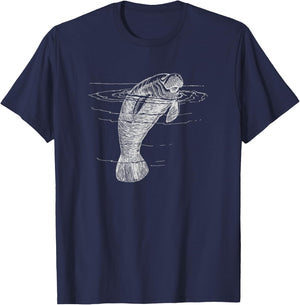 Manatee Illustration Sea Cow Marine Mammal Friendly Manatee T-Shirt - T-Shirt | Navy