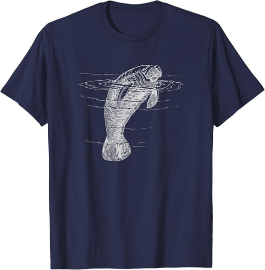 Manatee Illustration Sea Cow Marine Mammal Friendly Manatee T-Shirt - T-Shirt | Navy