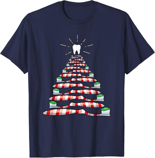 Dental Christmas Tooth Brush Christmas Tree T-Shirt - T-Shirt | Navy