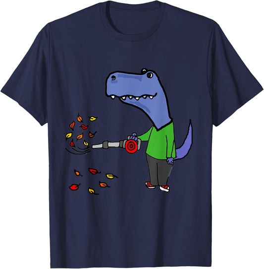 Smileteesall Funny T-rex Dinosaur using Leaf Blower Cartoon T-Shirt - T-Shirt | Navy