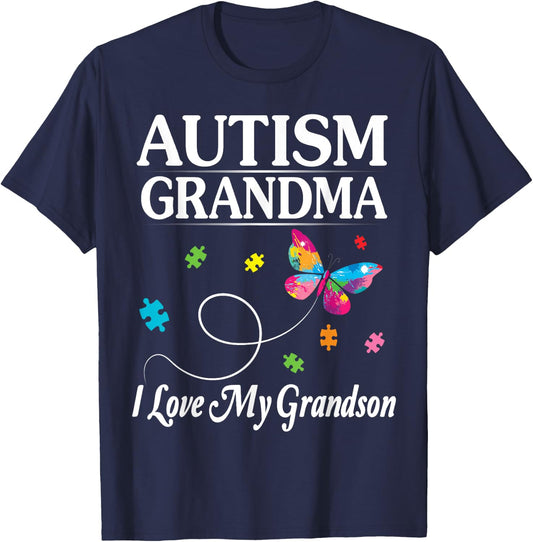 Butterfly Autism Grandma I Love My Grandson Awareness Month T-Shirt - T-Shirt | Navy