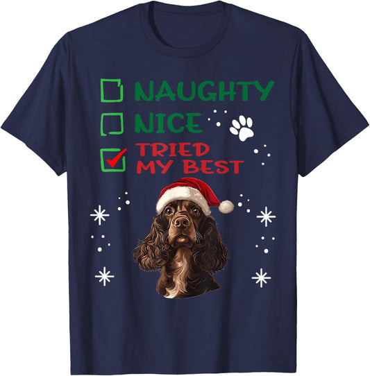 Cute English Cocker Spaniel Dog Christmas Naughty Nice Tried Men Women Kids T-Shirt - T-Shirt | Navy