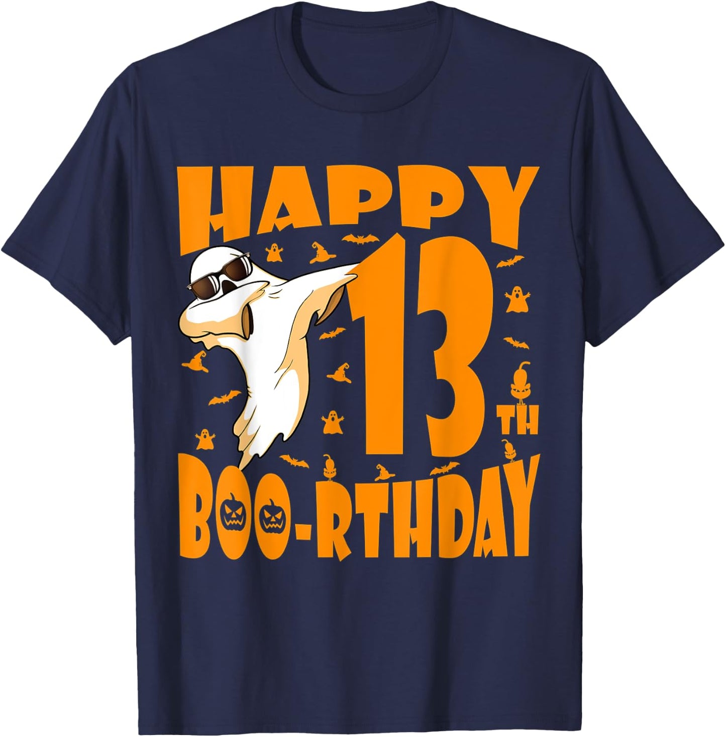 Dabbing Ghost Happy Birthday 13th Happy Boo-rthday Pumpkin T-Shirt - T-Shirt | Navy