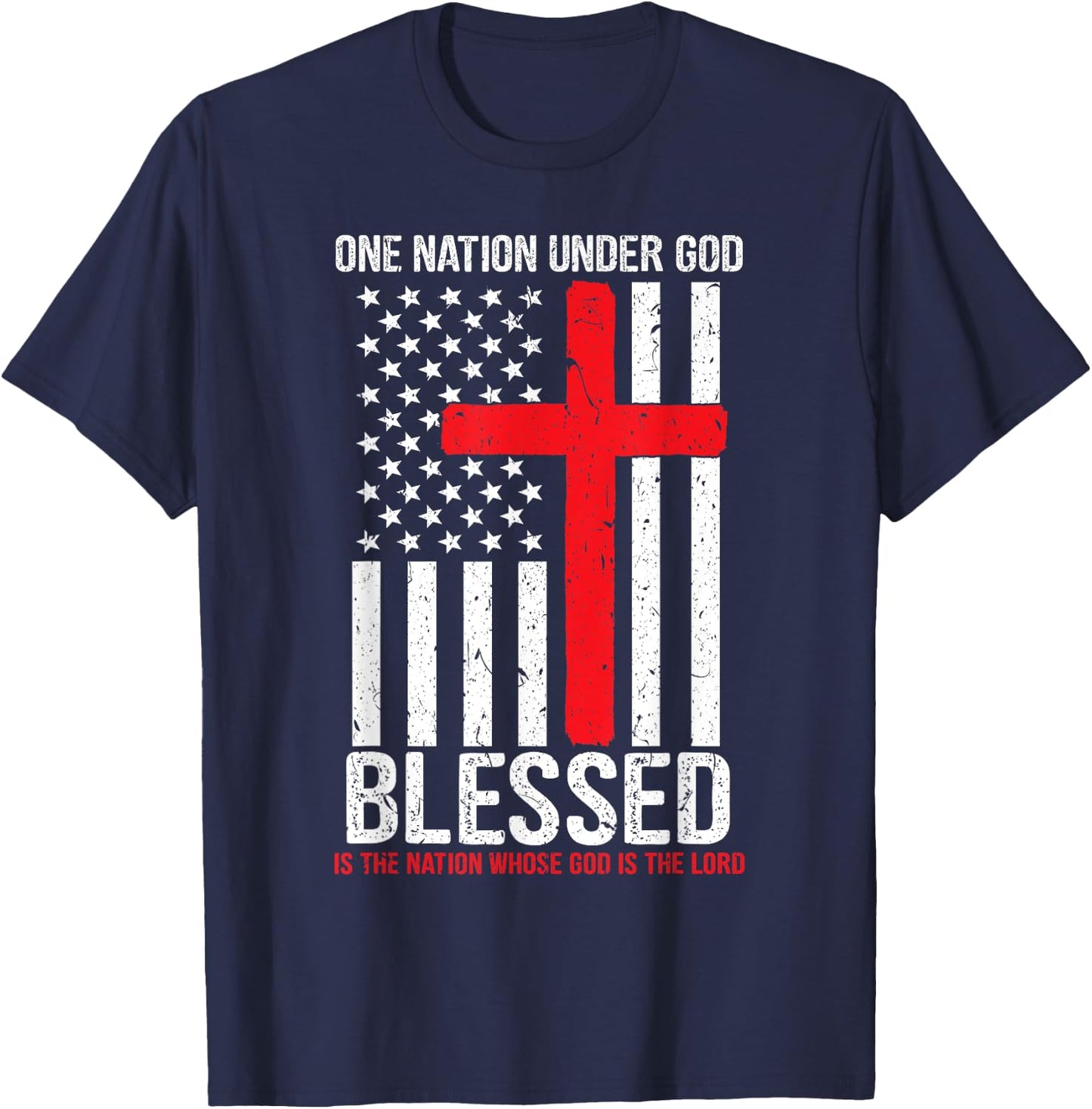 One Nation Under God Blessed American Flag Christian Cross T-Shirt - T-Shirt | Navy