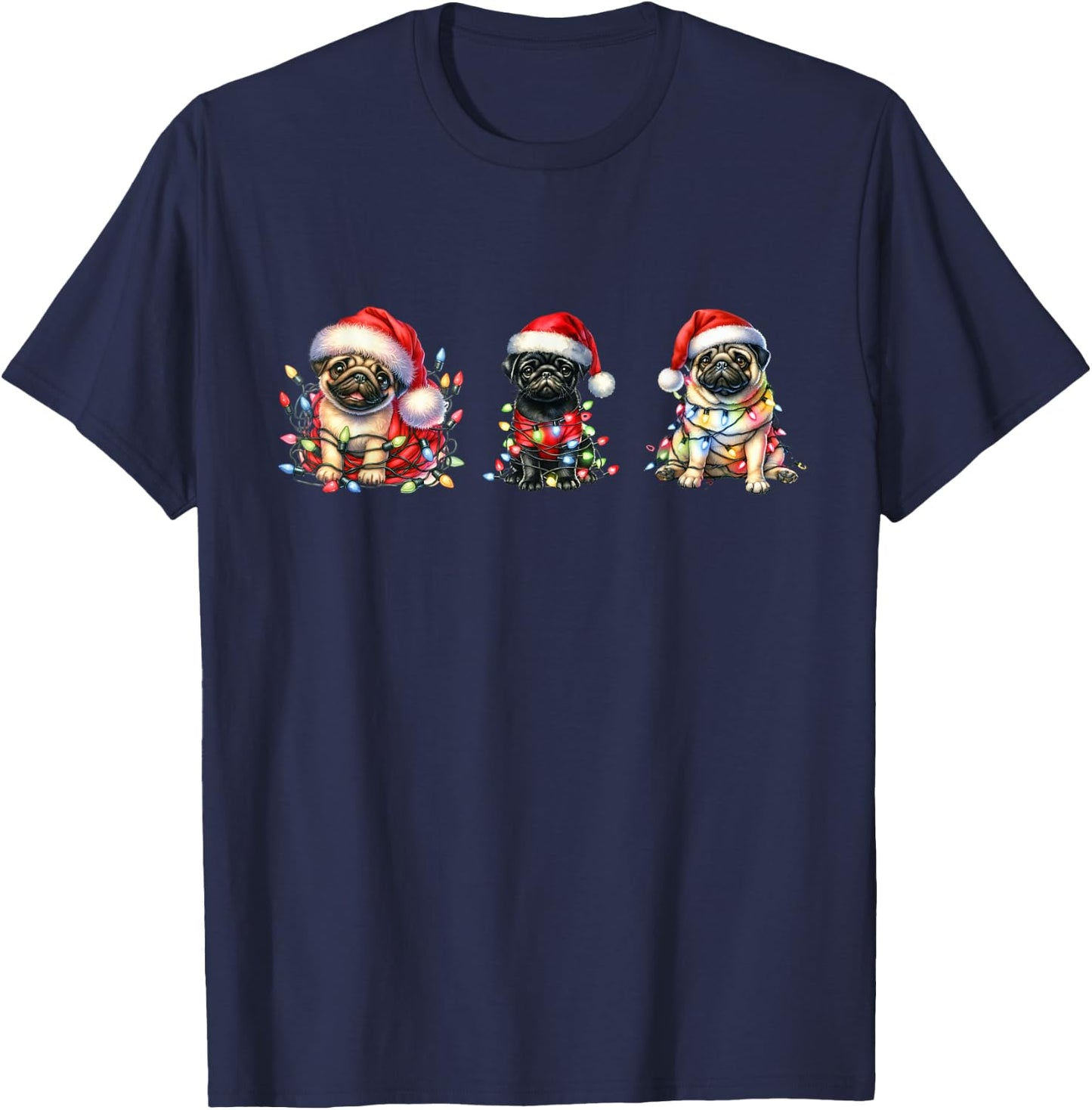 Christmas Fawn and Black Pugs Santa Pugs T-Shirt - T-Shirt | Navy