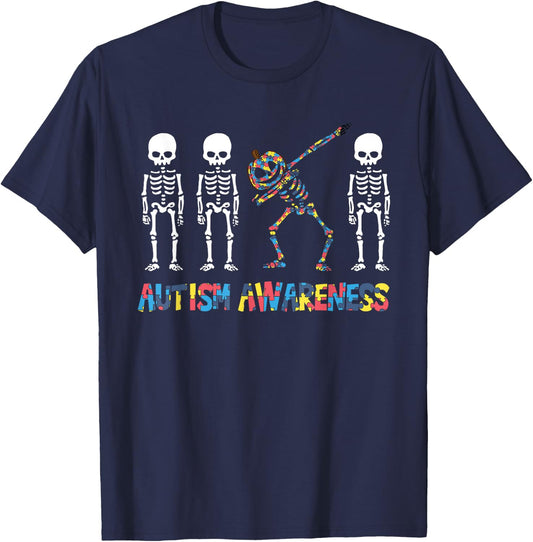 Dabbing Skeleton Pumpkin Autism Awareness Halloween T-Shirt - T-Shirt | Navy