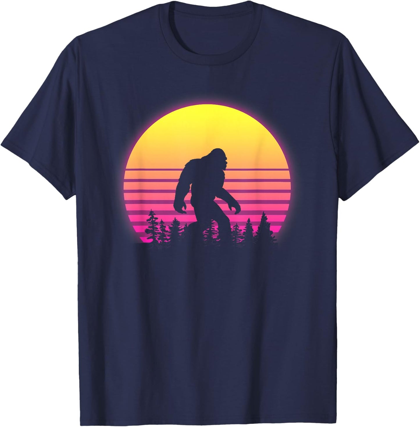 Retro Bigfoot Silhouette Vintage Sun - Believe 80's T-Shirt - T-Shirt | Navy