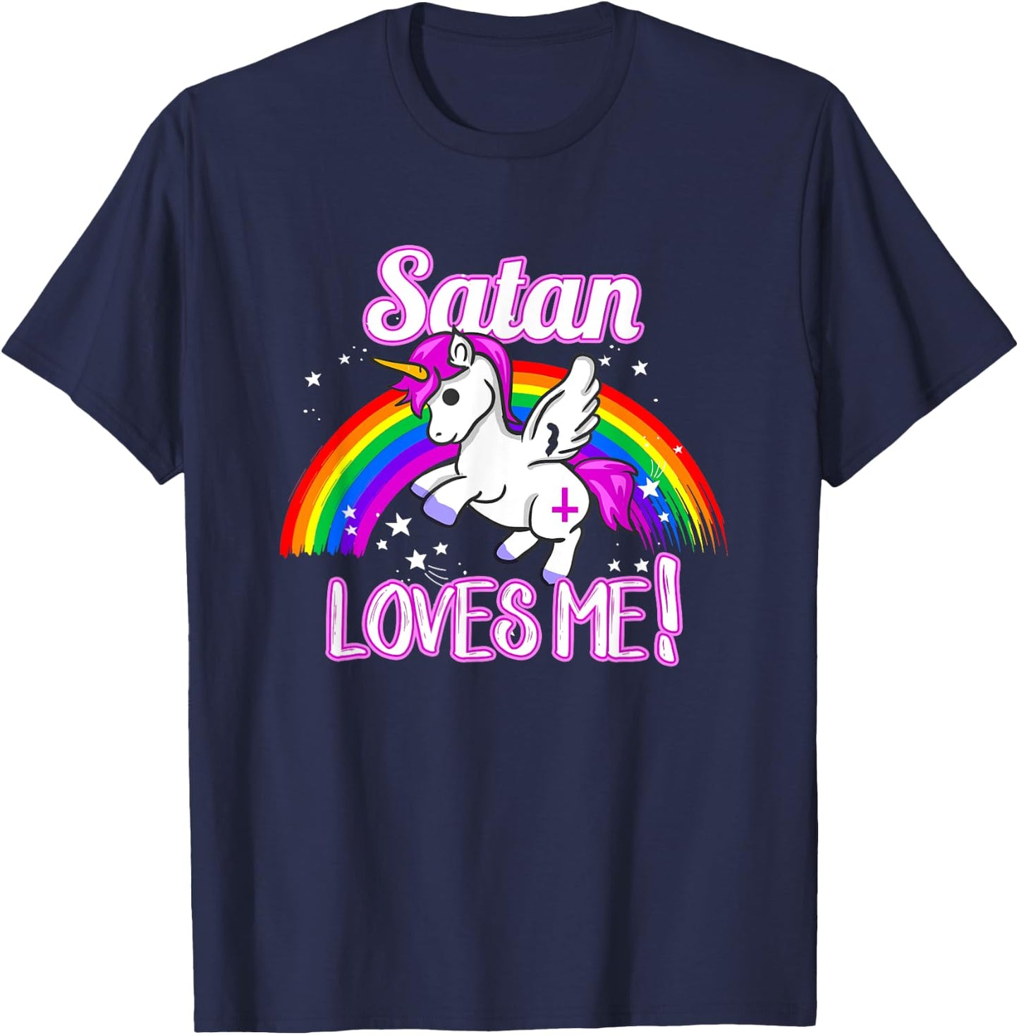 Satan Loves Me Unicorn Religion Non-Believer God T-Shirt - T-Shirt | Navy