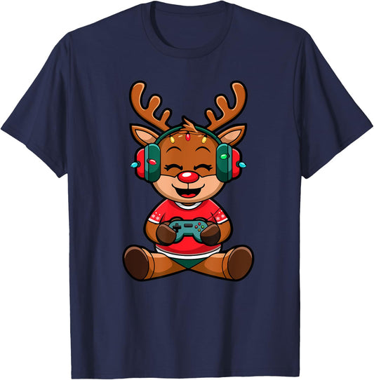 Funny Christmas Gamer Reindeer Gaming Kids Christmas Boys T-Shirt - T-Shirt | Navy