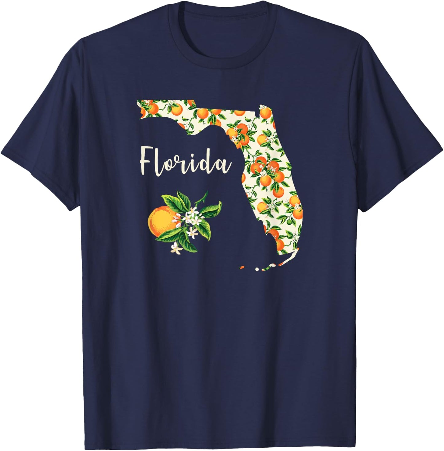 Florida Floral Orange Blossom Handwritten State Inspired T-Shirt - T-Shirt | Navy