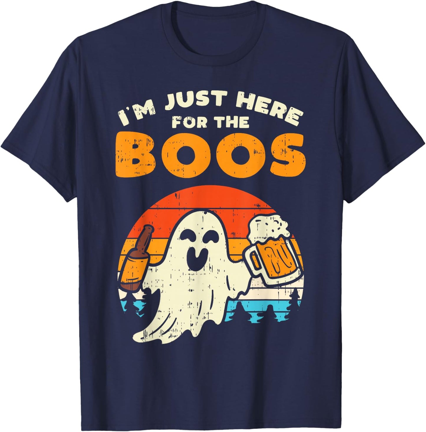 Just Here For Boos Retro Ghost Drink Beer Halloween Costume T-Shirt - T-Shirt | Navy