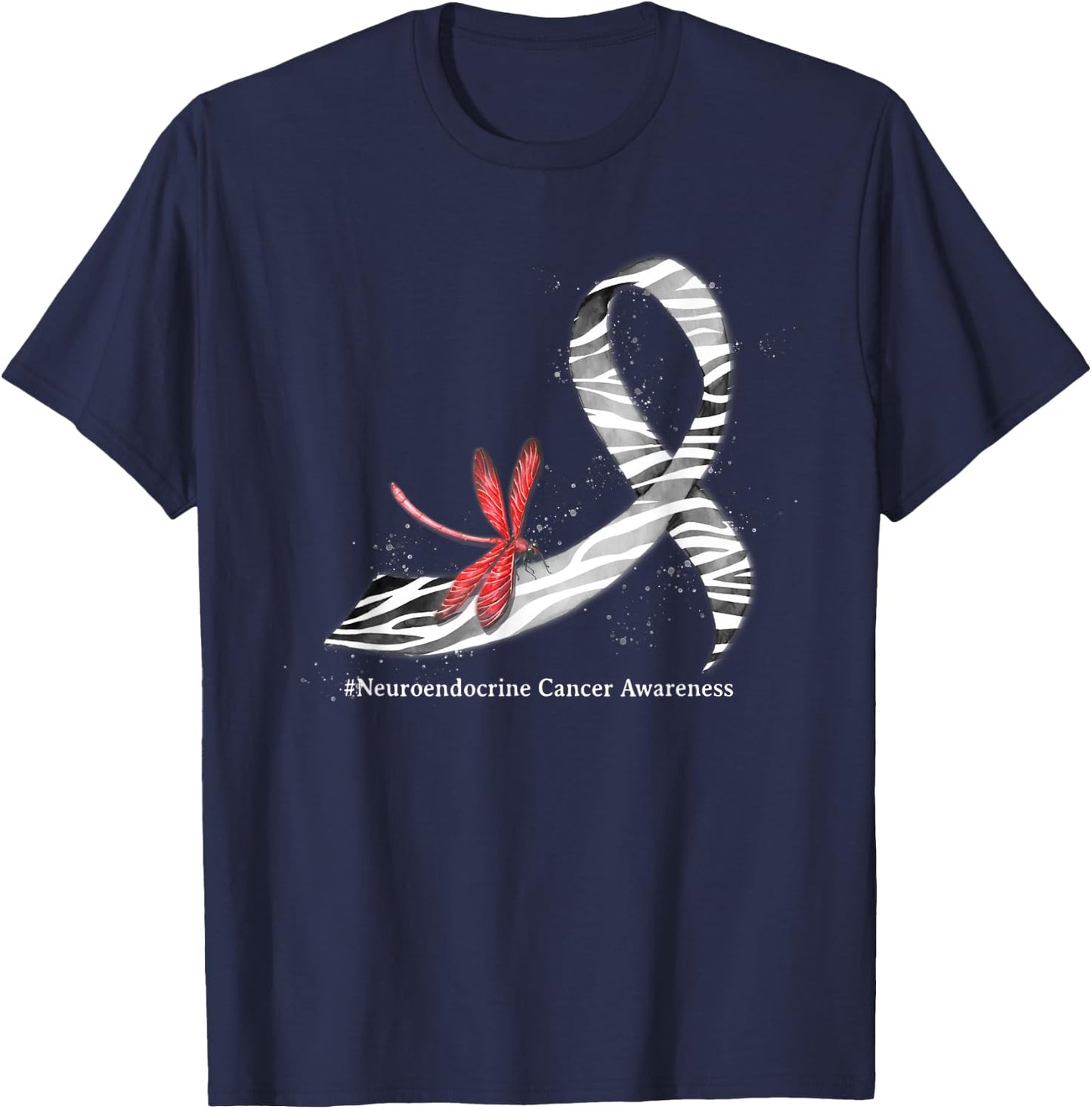 Dragonfly Zebra Ribbon Neuroendocrine Cancer Awareness T-Shirt - T-Shirt | Navy