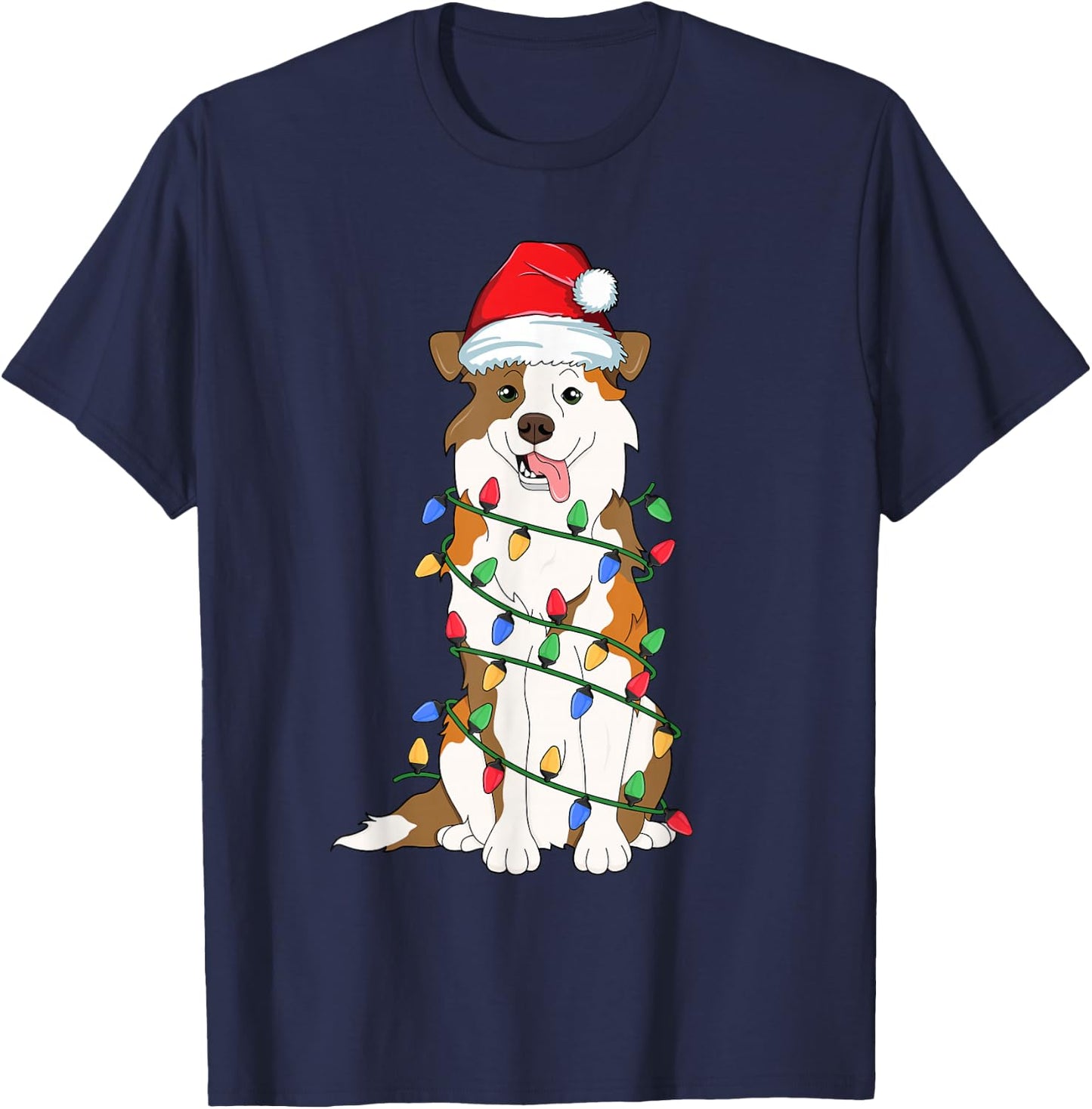 Australian Shepherd Christmas Tree Light Aussie Xmas Dog Men Women Kids T-Shirt - T-Shirt | Navy