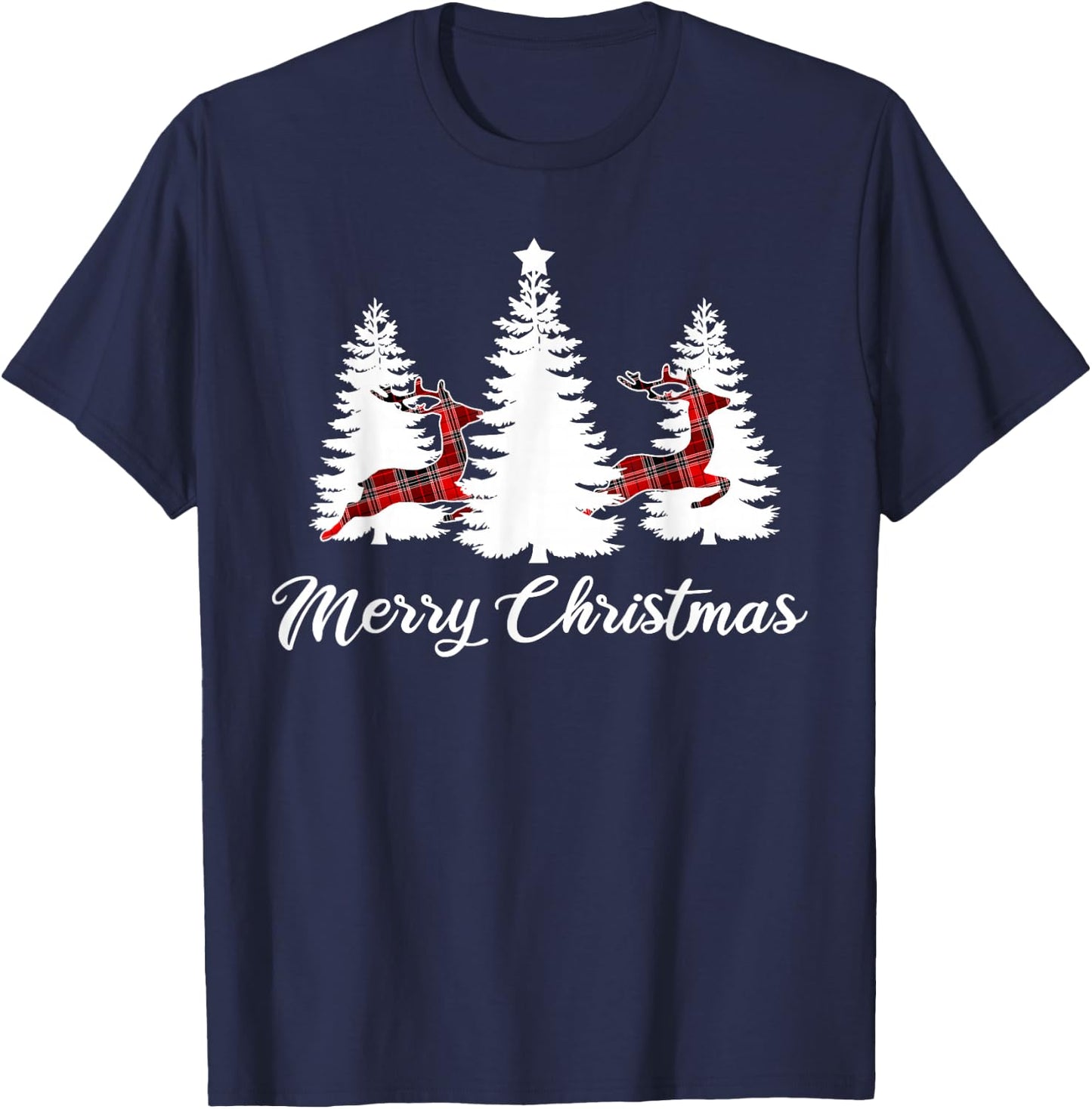 Merry Christmas Shirt Buffalo Plaid Reindeer Tree T-Shirt - T-Shirt | Navy