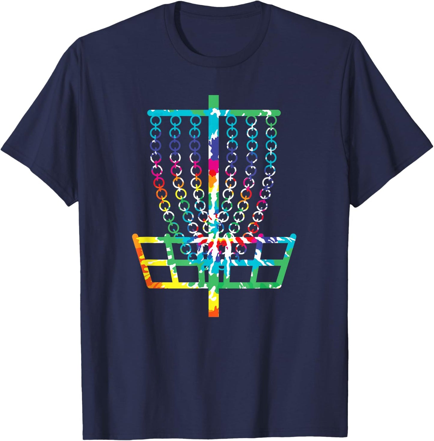 Retro Disc Golf Basket Hippie Rainbow Tie Dye Disc Golfer T-Shirt - T-Shirt | Navy